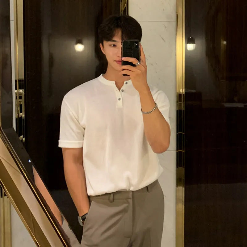Men's slim-fit ice silk knitted shirt in black, khaki, or white with short sleeves for casual wear