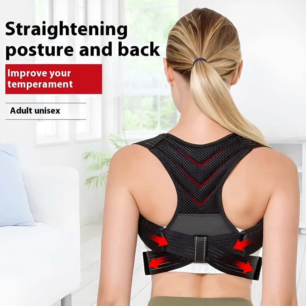 Black adjustable posture correction belt for upper back and shoulder support.
