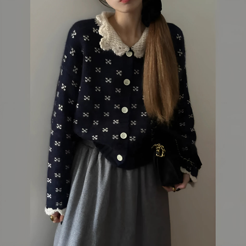 Cashmere knit cardigan with Peter Pan collar and floral embroidery in navy blue, apricot, grey colours