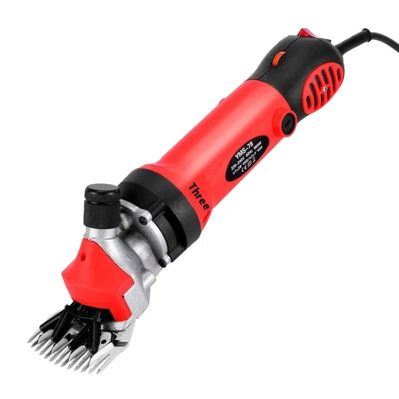 Yellow electric wool shearing machine with 110V plug and multiple blade attachments in plastic storage case