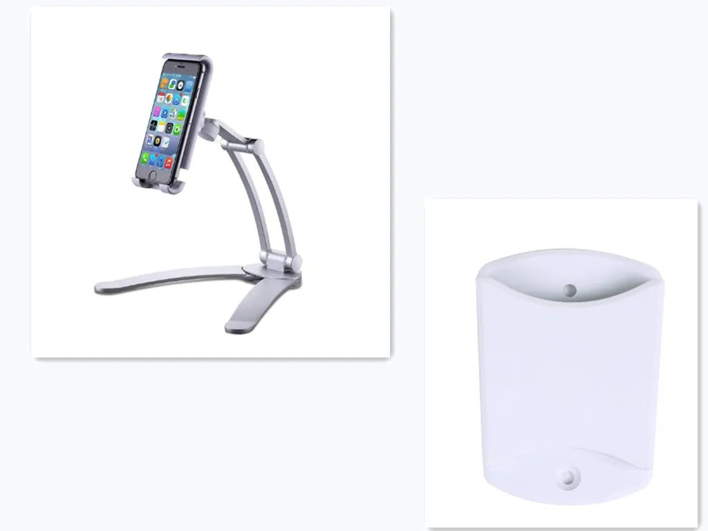 Silver aluminium alloy tablet stand holding a tablet, showing its 360-degree adjustable hinge and chuck system.
