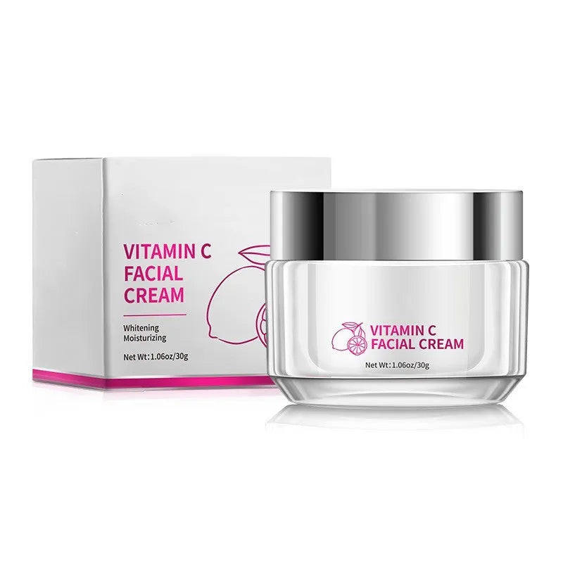 Vitamin C face cream jar 30g with universal skin type label showing 6cm dimensions
