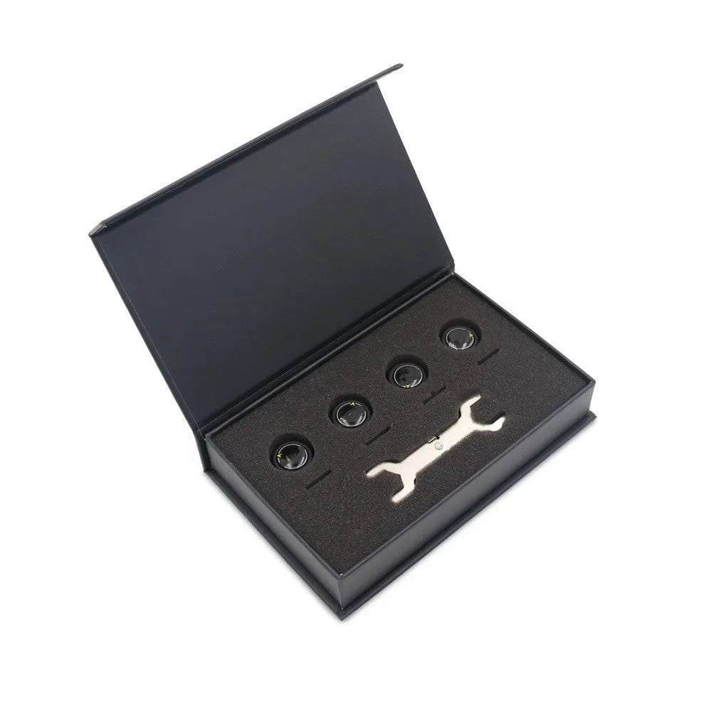 Bluetooth 5.0 automotive tire pressure monitor with four external sensors, wrench, and anti-theft screws