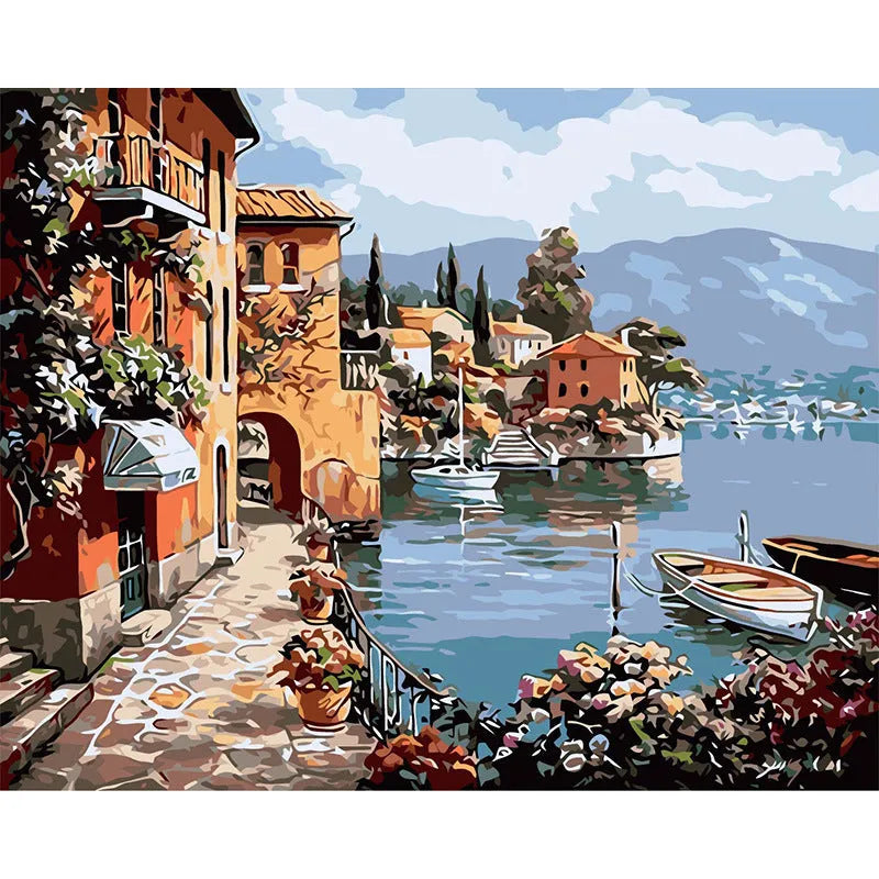 Rimless linen oil painting landscape artwork in 40x50cm size with hand-painted lakeside scenery