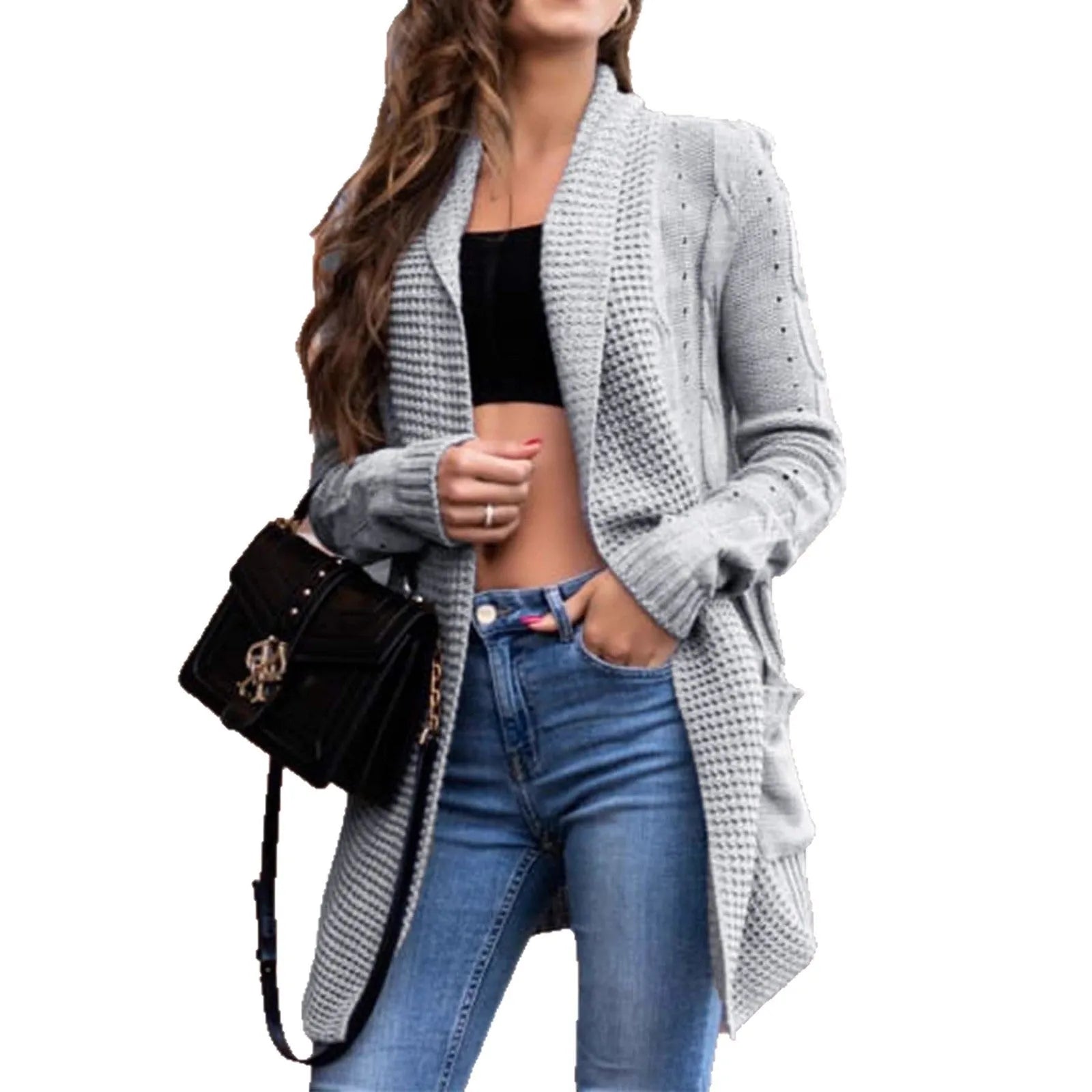 Grey women's loose-fit thick viscose cardigan with pockets and long sleeves.