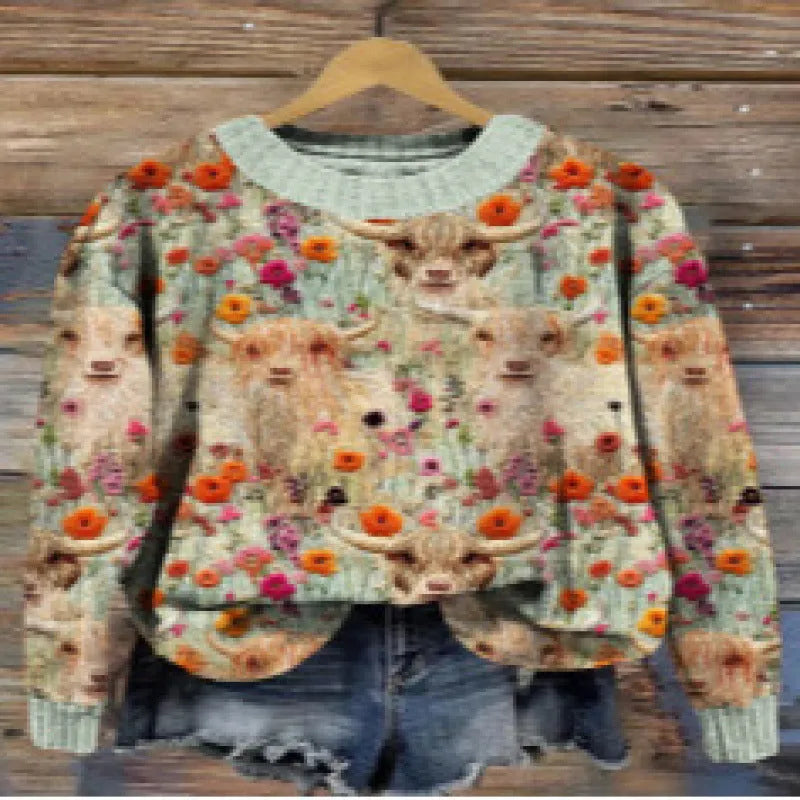 Women's round neck sweater with a digital floral print in a polyester fabric.