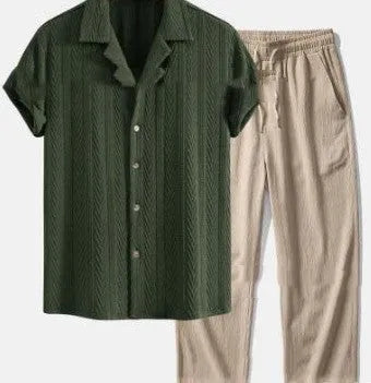 Men's loose-fitting summer suit with short sleeve shirt and trousers in polyester milk silk fabric