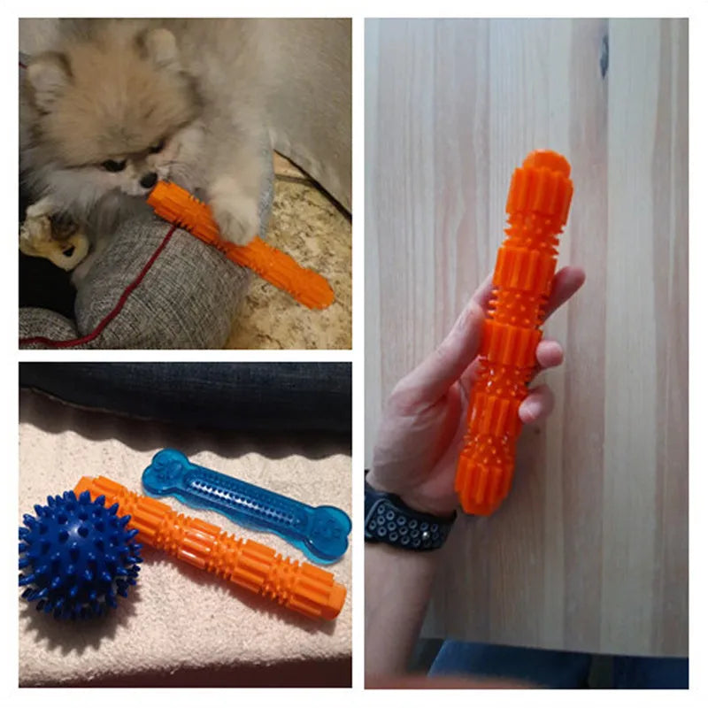 Green durable rubber dog chew toy with treat dispenser hole and textured surface.
