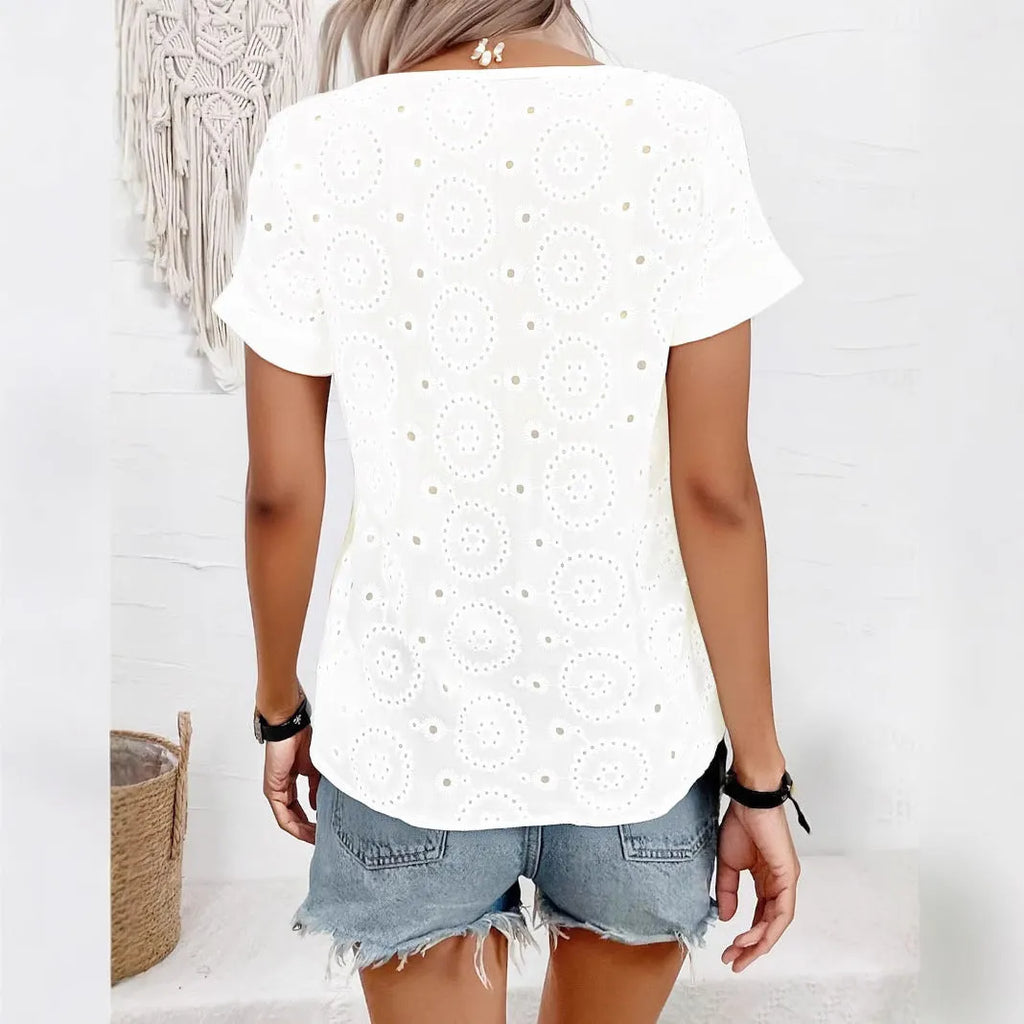 White women's V-neck T-shirt with hollow French short sleeves in loose fit