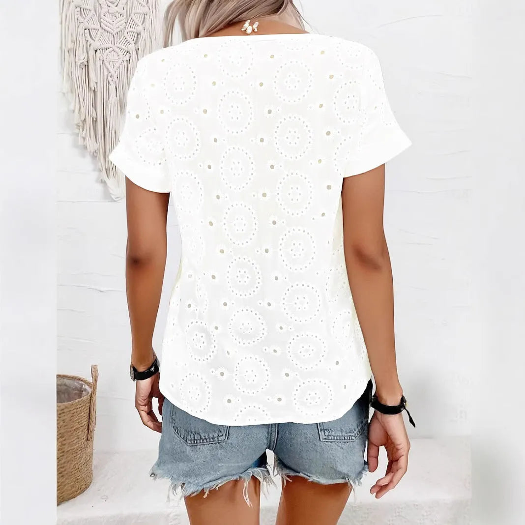 White women's V-neck T-shirt with hollow French short sleeves in loose fit