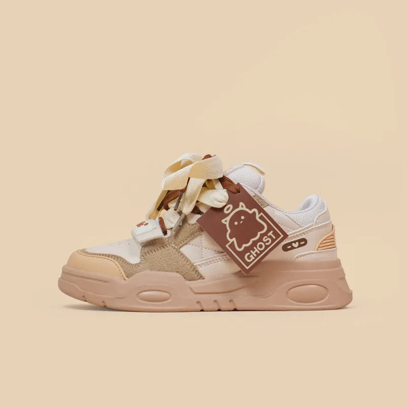 White women's lace-up sports casual board shoes with thick composite sole and cloth lining