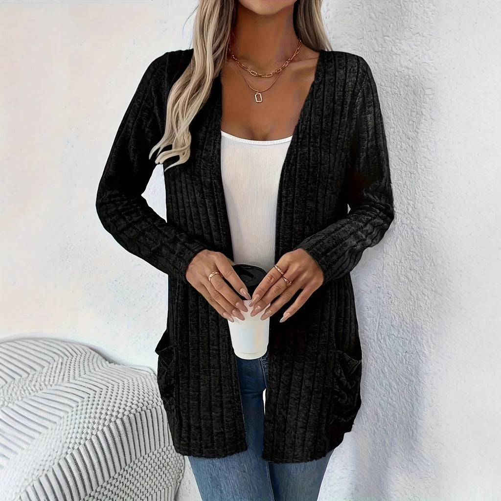 Loose fit solid colour long sleeve cardigan in granny grey with pocket styling and regular sleeves