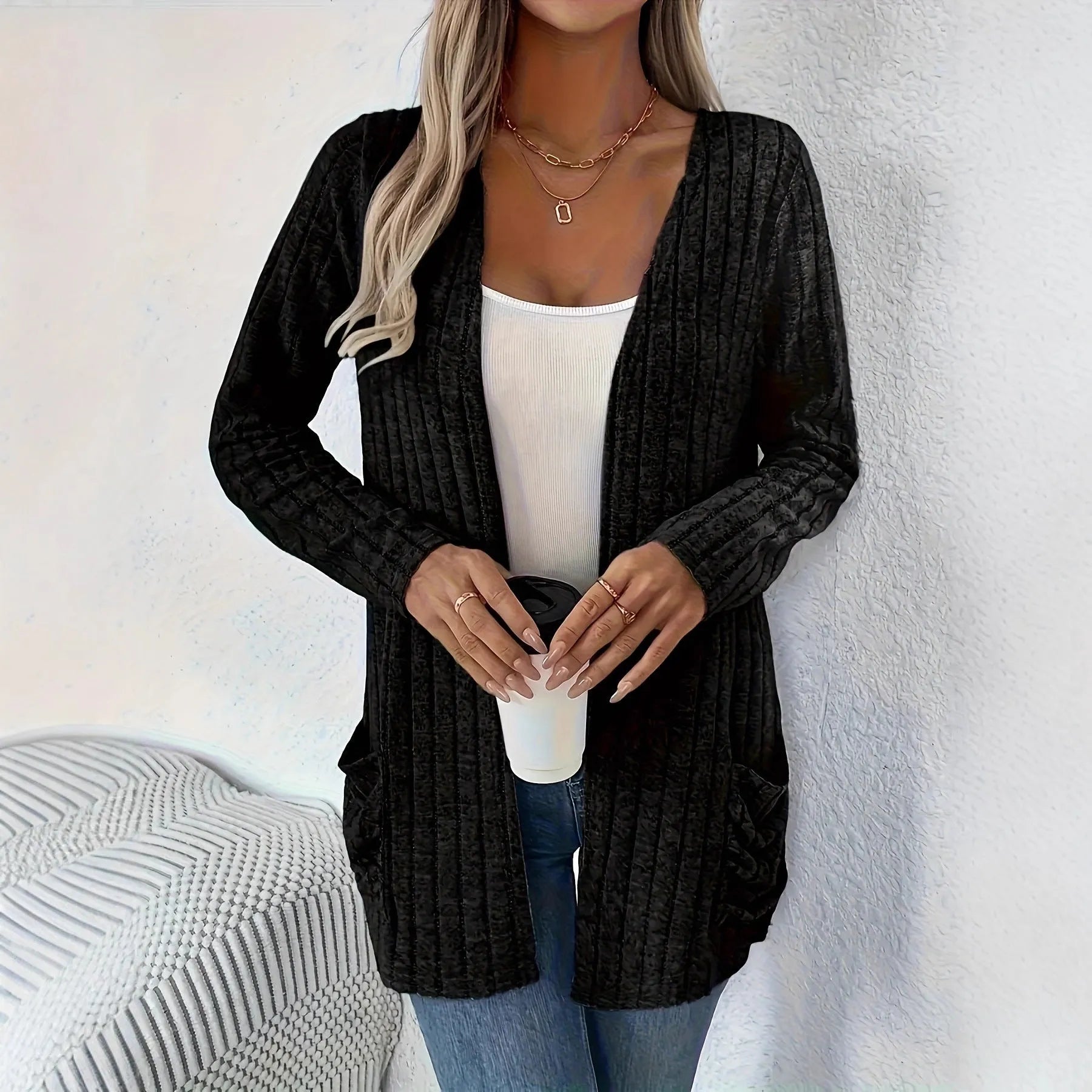 Loose fit solid colour long sleeve cardigan in granny grey with pocket styling and regular sleeves