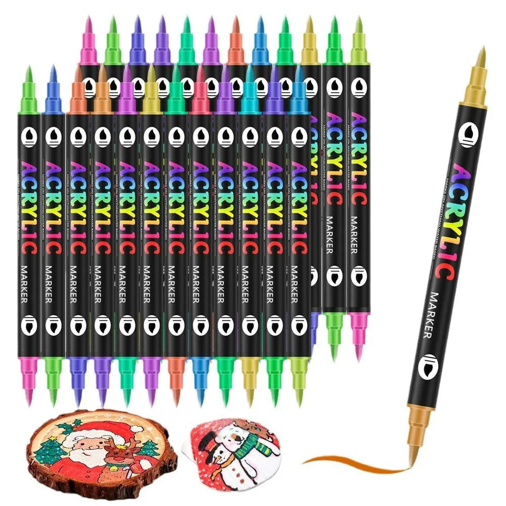 Double-headed acrylic marker pens showing fine tip and broad chisel tip with opaque quick-drying washable ink
