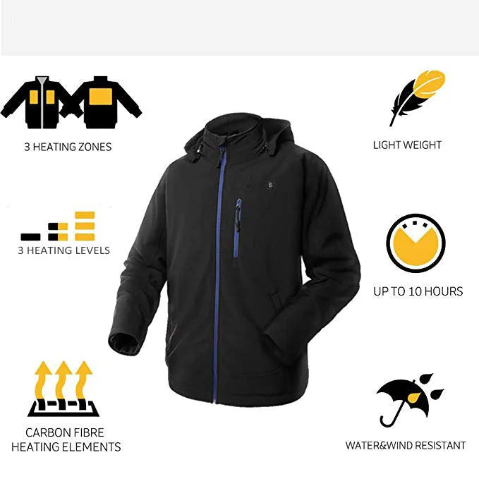 Black men's USB winter waterproof thermal coat with straight hem and zipper pockets