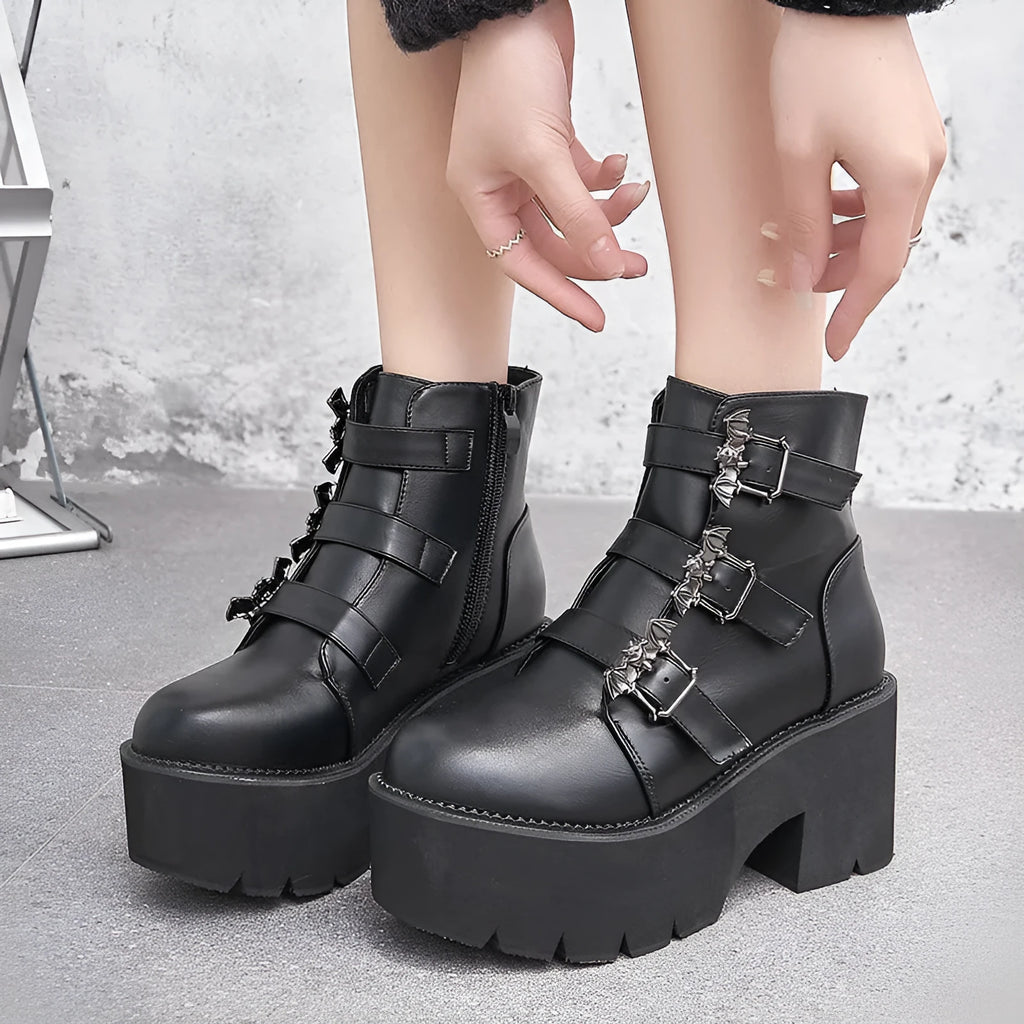 Black ladies punk gothic ankle boots with bat buckle decoration and chunky platform heel