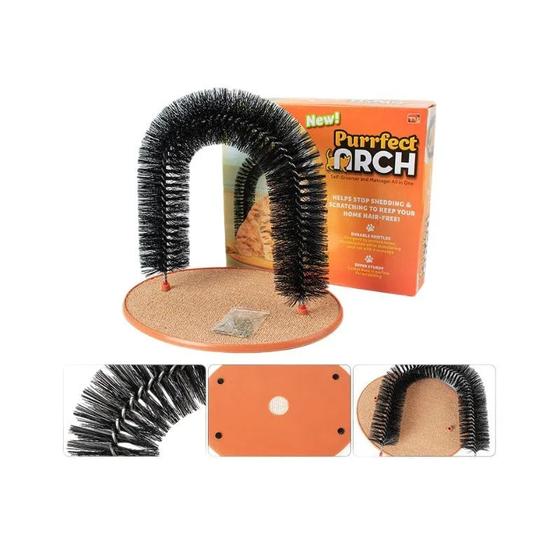 White plastic arched cat groomer with built-in brush bristles for scratching and rubbing
