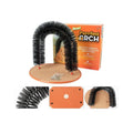 White plastic arched cat groomer with built-in brush bristles for scratching and rubbing