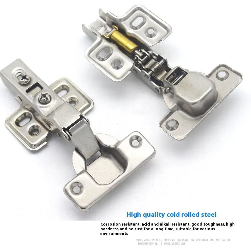 Nickel-plated hydraulic damping cabinet hinge showing the three bend types: straight, middle, and large.