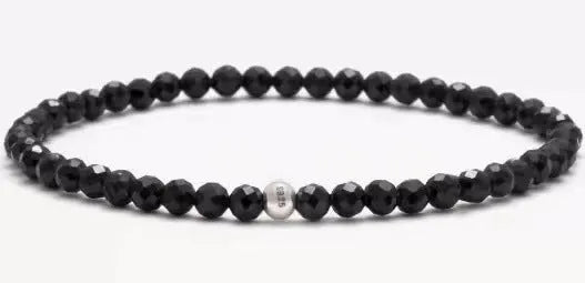 Unisex geometric bracelet with obsidian, blue San, and black agate beads.