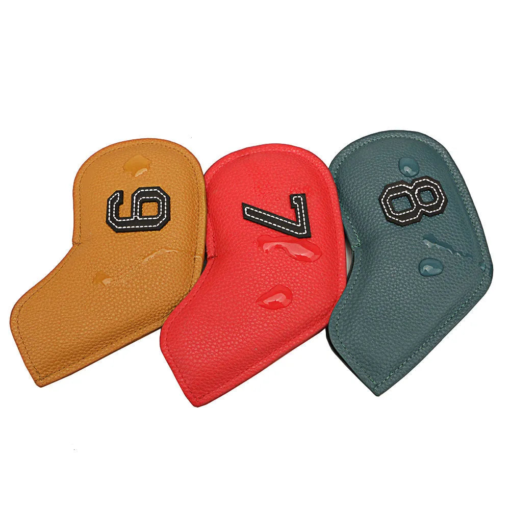 Set of 10 digital printed PU golf club head covers in various colours for club protection