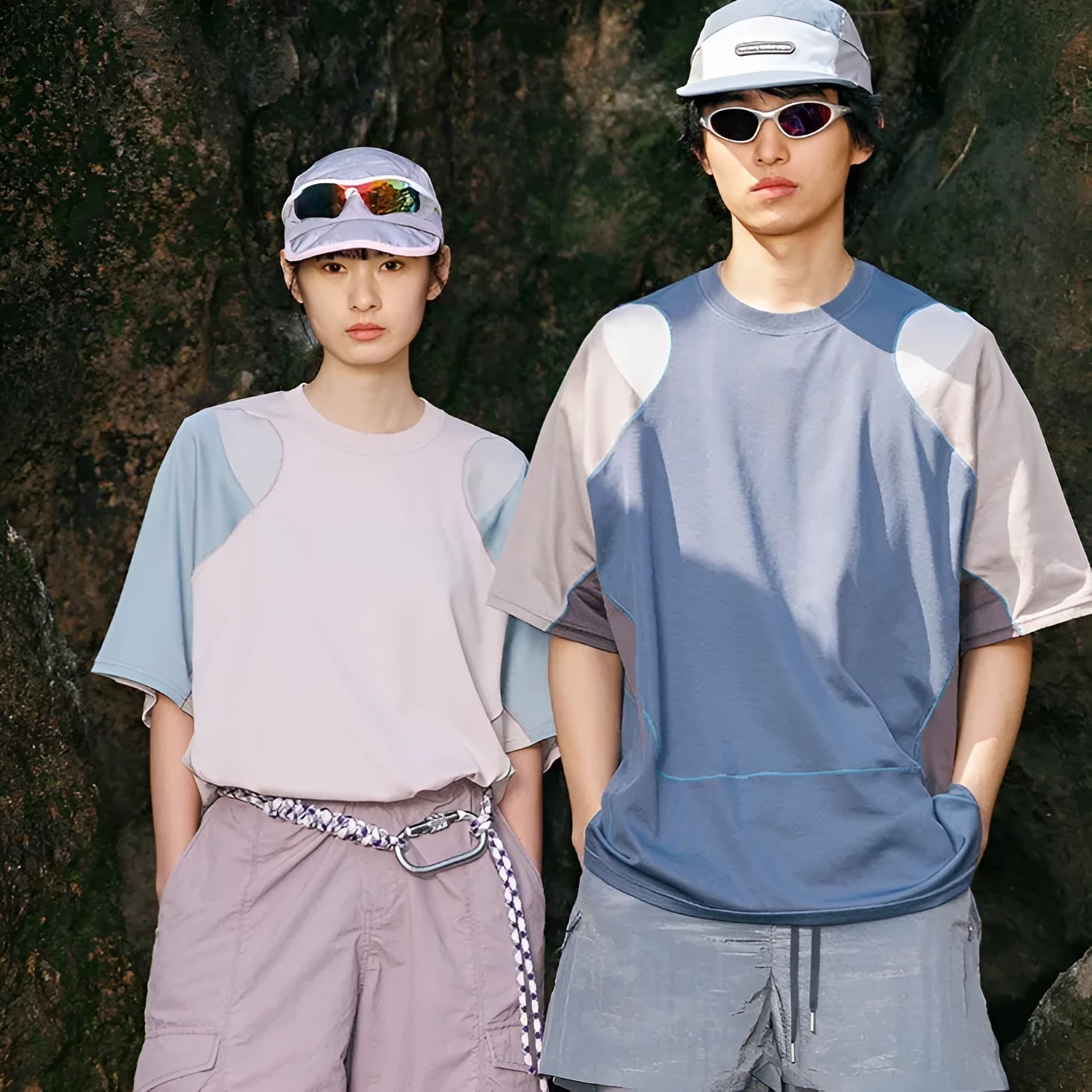 Men's loose patchwork contrast colour cotton blend sports T-shirt with short raglan sleeves.