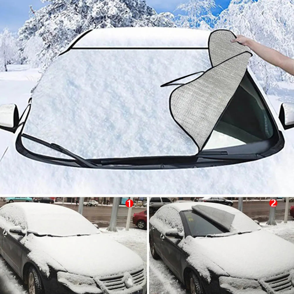 Car front snow protection cover made from silver aluminum foam fabric with black lanyard ties.