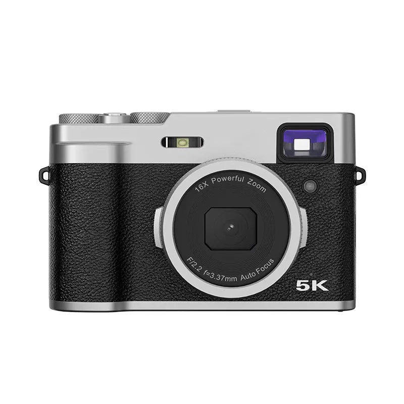 Black and brown 5K digital camera with dual lenses, optical viewfinder, and 2.88-inch LCD display