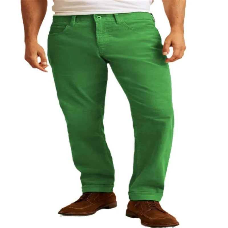 Corduroy casual straight trousers in solid colours with mid waist and zip fly design