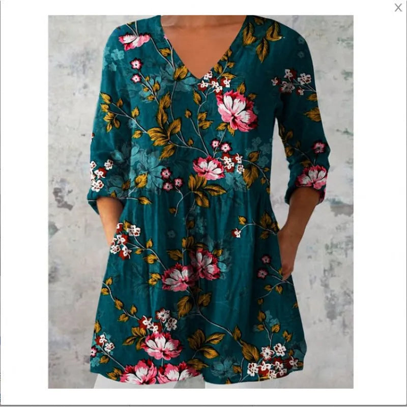 Women's printed dress with wave pattern, 3/4 sleeves and loose wide waist fit