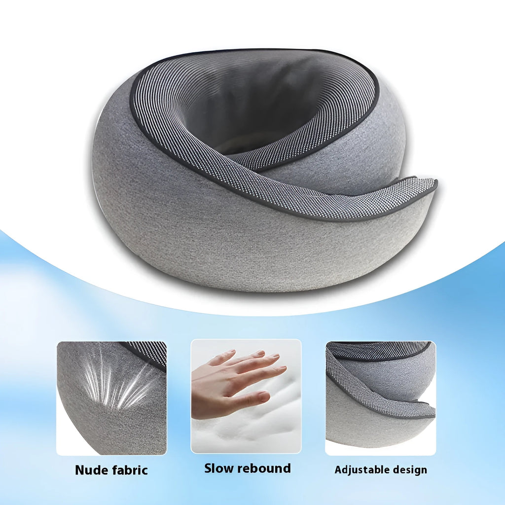 Black U-shaped memory foam neck pillow with storage bag, dimensions 27x26x13cm