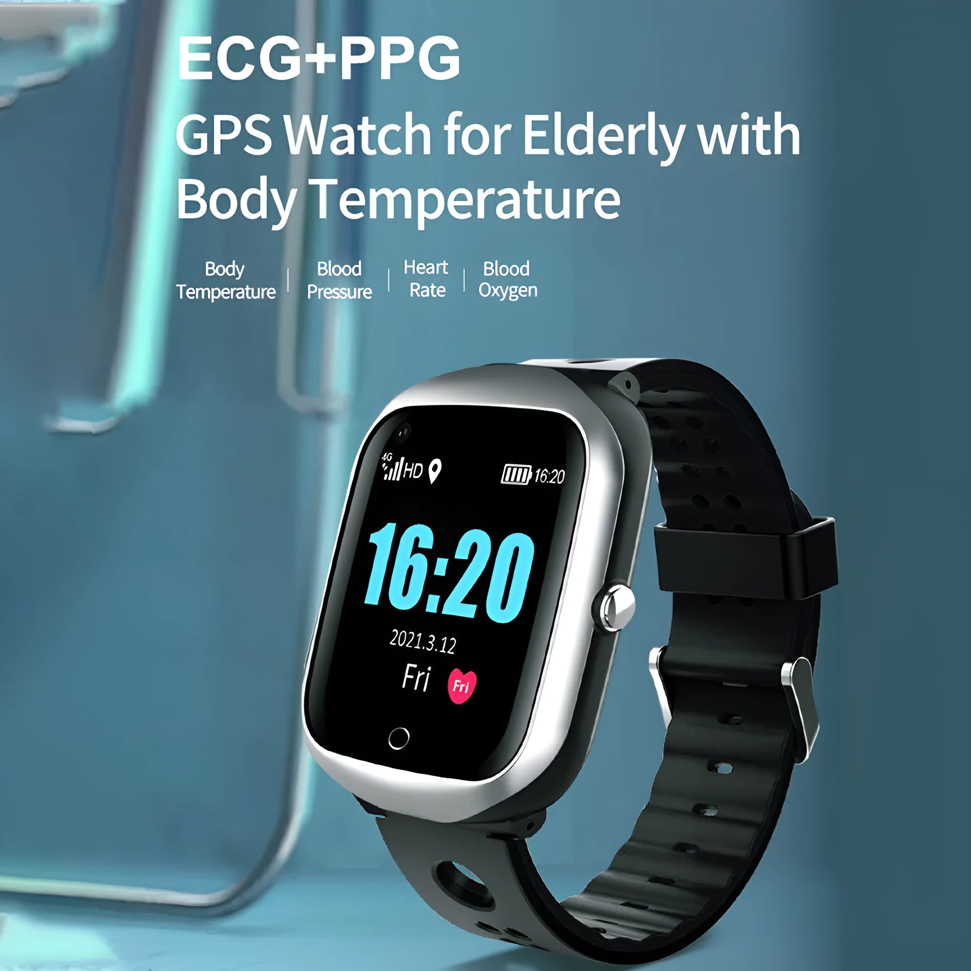 Square-faced elderly safety smartwatch with GPS and SOS button on a silicone strap.