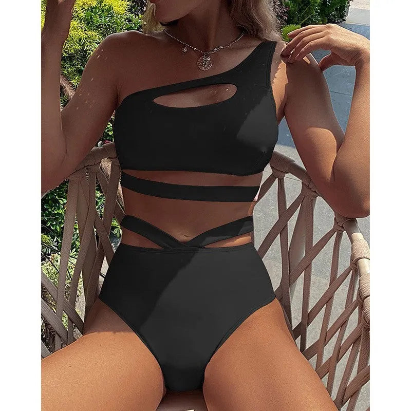 Women's one-shoulder high waist T-back swimsuit in solid colour showing hollow split detail