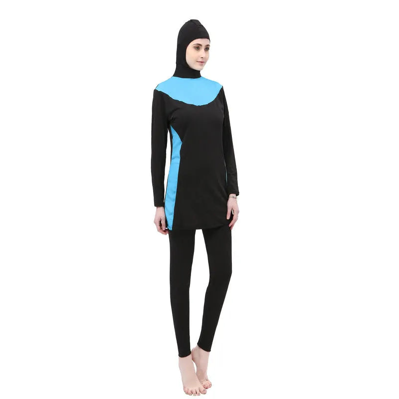 Women's hooded long sleeve swimsuit in black with colour trim options
