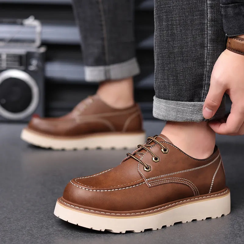 Men's black and brown retro Martin boots with low top and round toe design