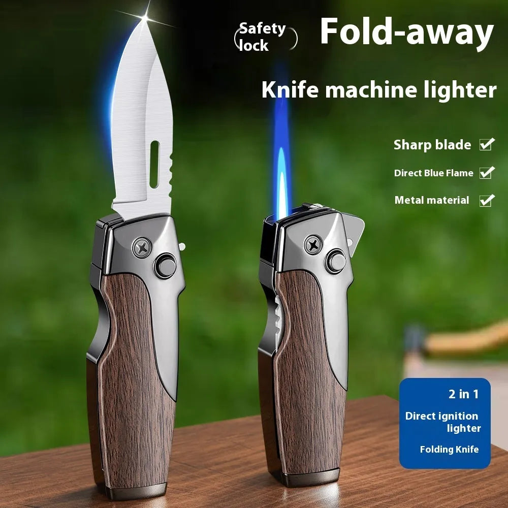 Metal folding lighter with straight jet flame and folding knife in various colour finishes