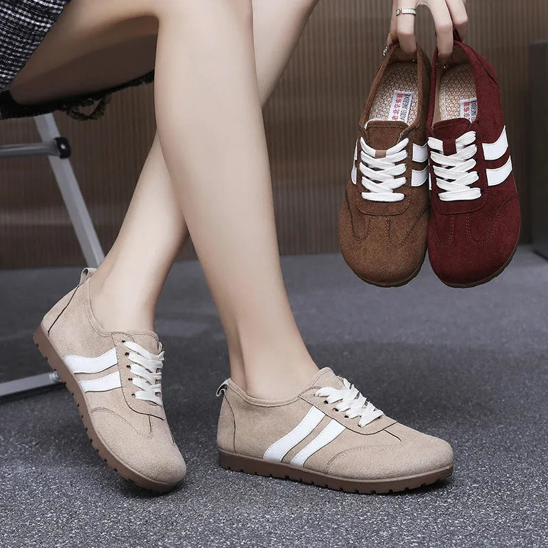 Women's vintage canvas sneakers in dark red and khaki with soft rubber soles and round toe design