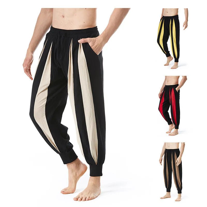 Men's straight-leg casual trousers in red, khaki, yellow, and brown colours on a size chart background.