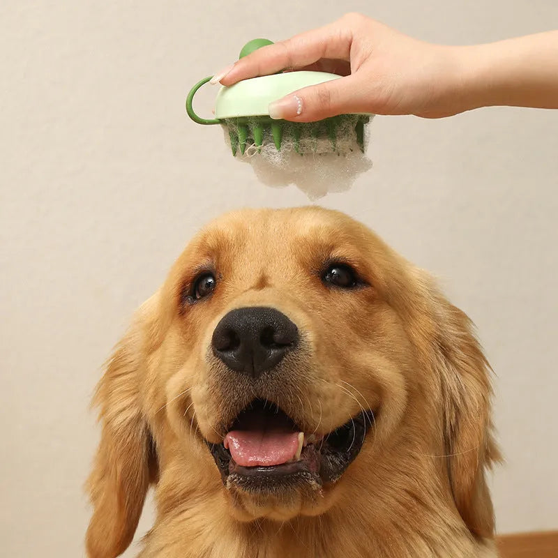 Handheld silicone dog bath brush with soft TPR massage bristles for hair removal during washing.