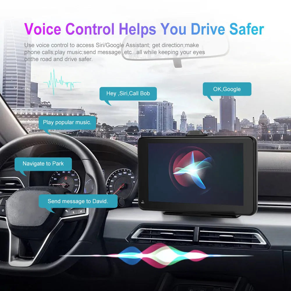 7 inch HD wired car media player screen with universal mounting supports on a dashboard