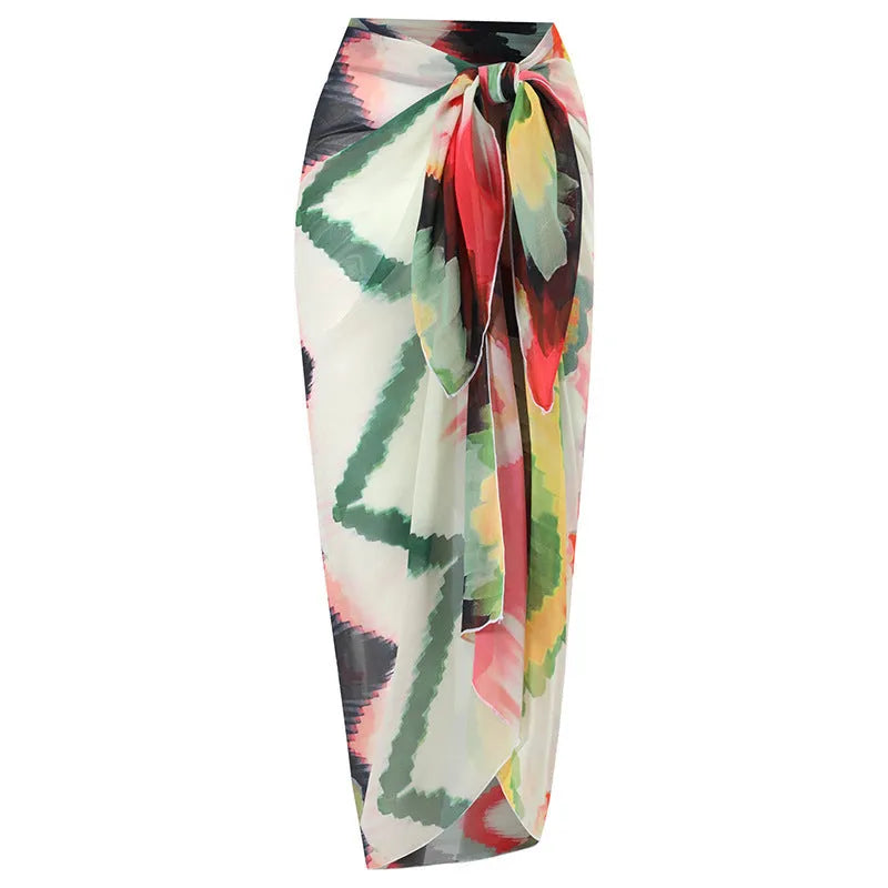 Women's swimsuit options: one-piece, two-piece, and style with detachable hip skirt in printed polyester fabric.