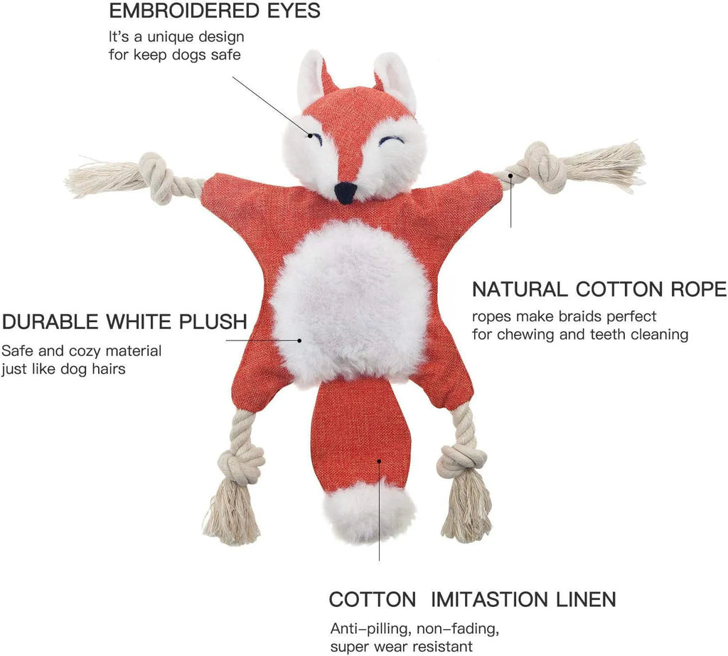 Brown fox dog toy with squeaker in head, crinkle body, and cotton rope arms and legs