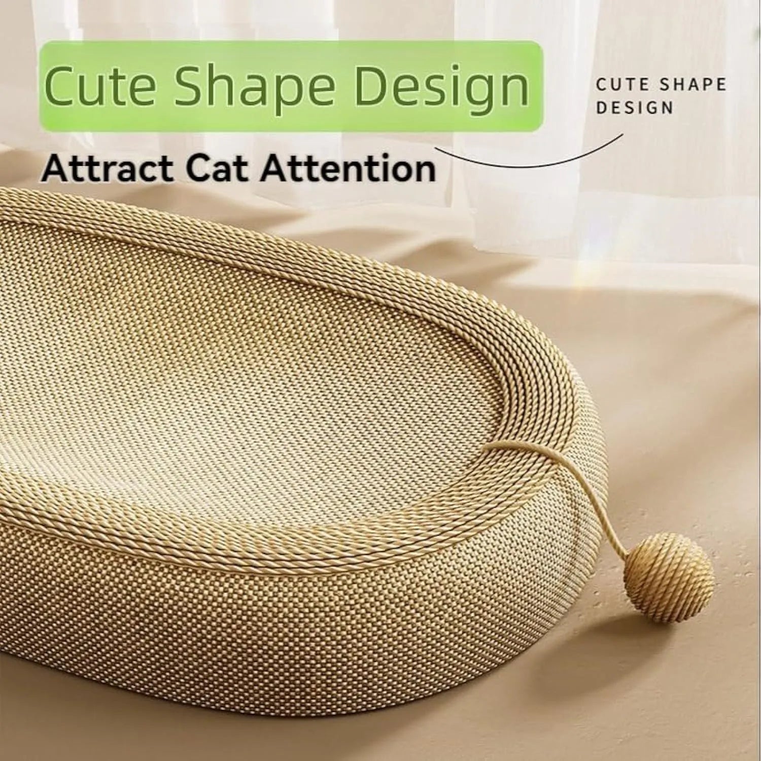 Large rectangular sisal cat scratching board with a flat lounging platform on top, shown in a domestic setting.