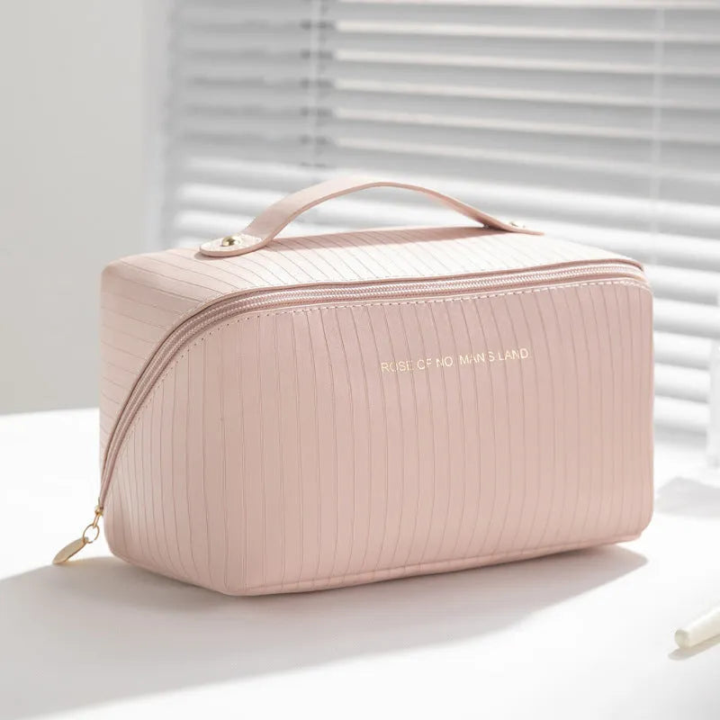 Vertical stripe pattern cubic makeup bag in PU leather measuring 22.5 cm