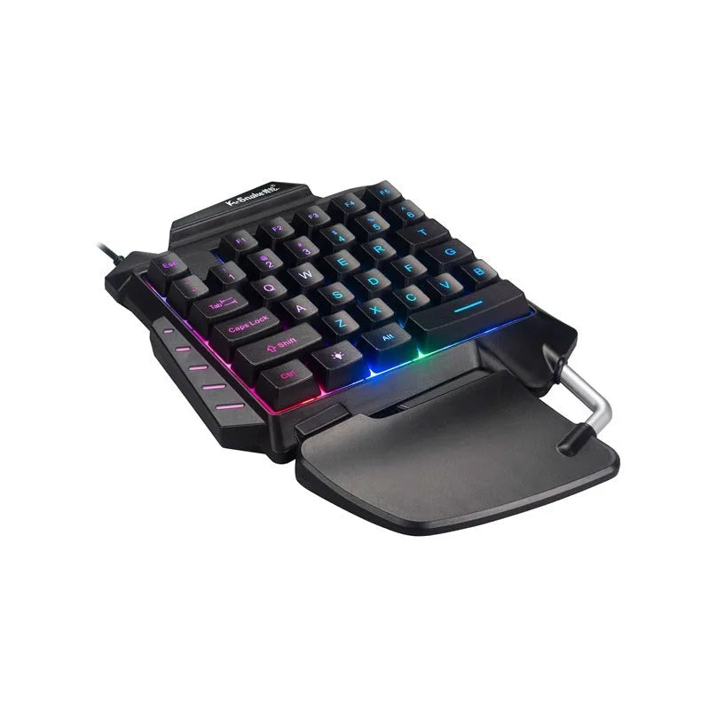 Black left-handed one-handed USB gaming keyboard with integrated hand rest for desktop PCs.