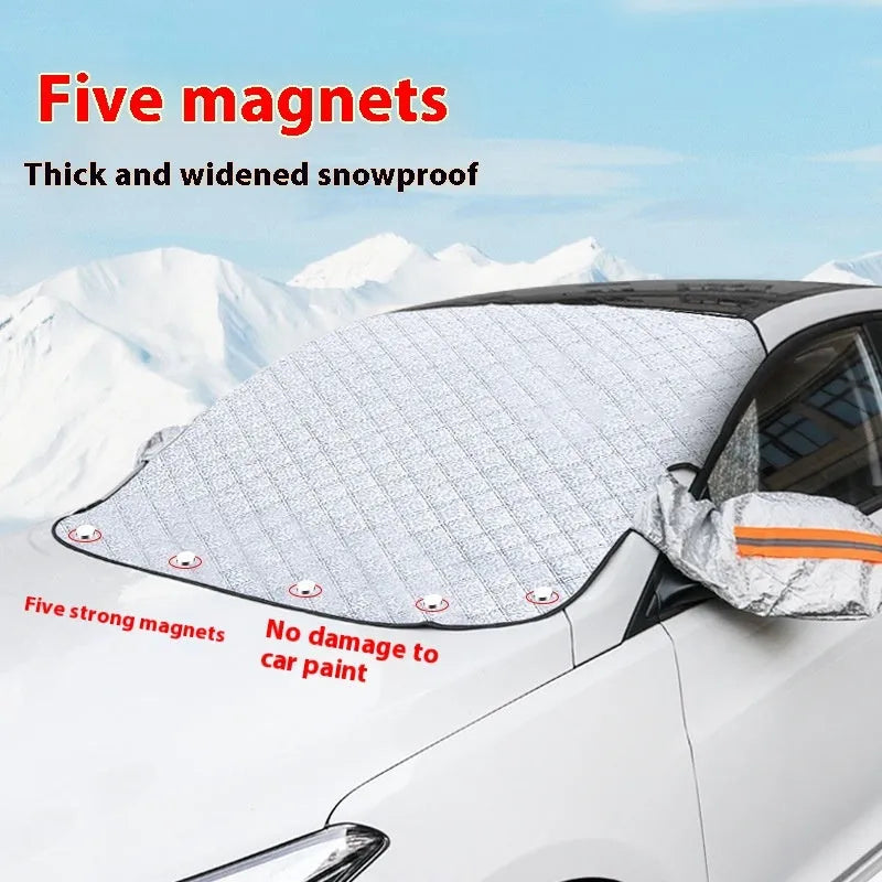 Large luxury aluminium foil winter car cover for SUVs with five black magnetic fasteners and silver reflective edge stripes.