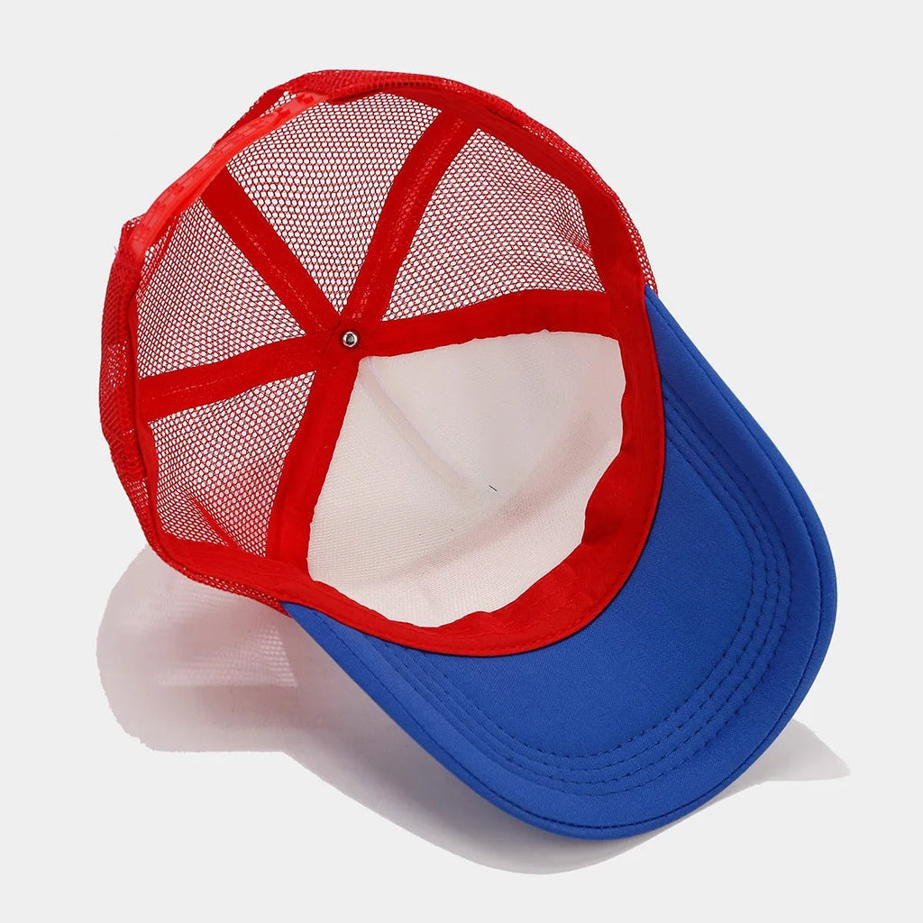 Red and blue contrast mesh baseball cap with adjustable dome crown design