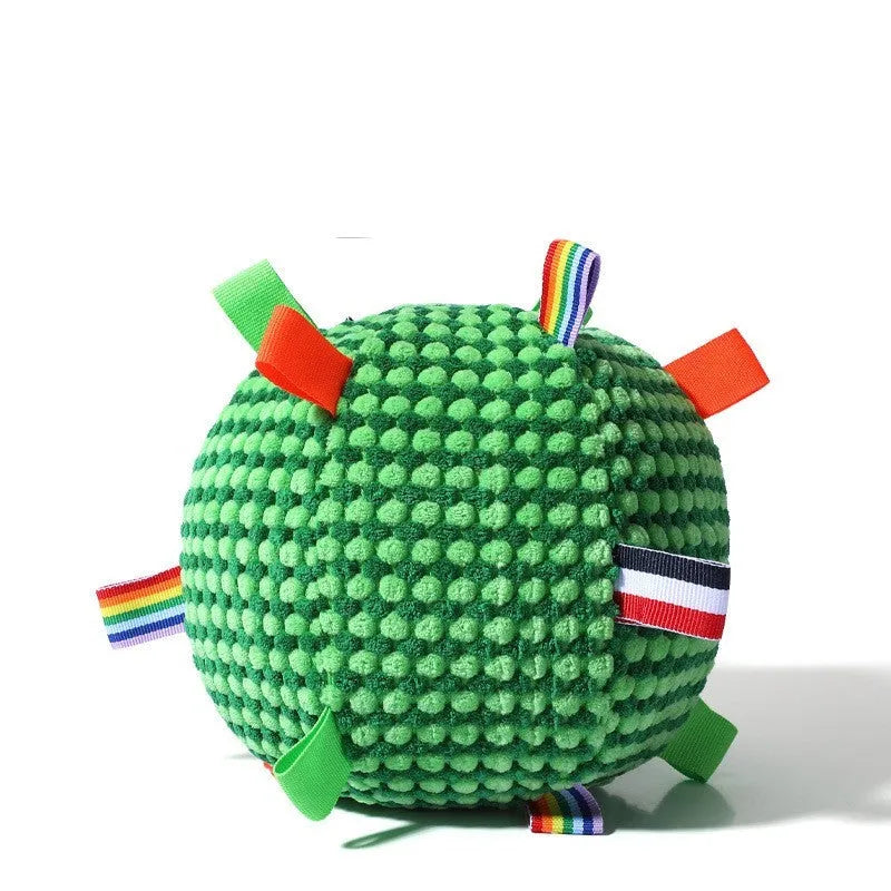 Blue, green, yellow and purple pineapple lattice dog ball measuring 17cm diameter