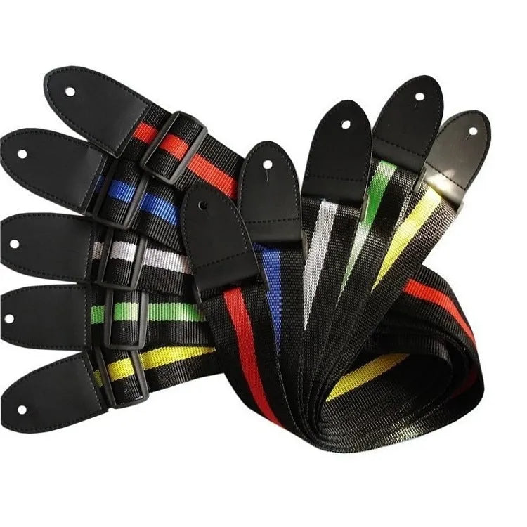 Woven crossbody guitar strap shown in one of five colours: Army Green, Dark Blue, Red, White, or Yellow.