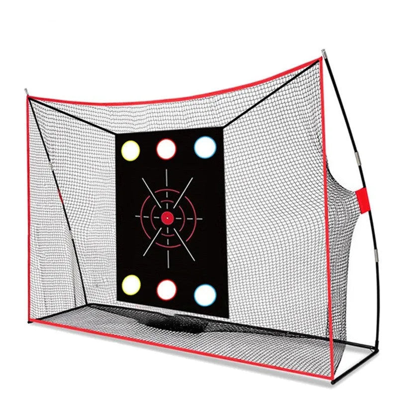 Golf swing wedge training net set with cross net, target mat, practice balls, tee, and accessories